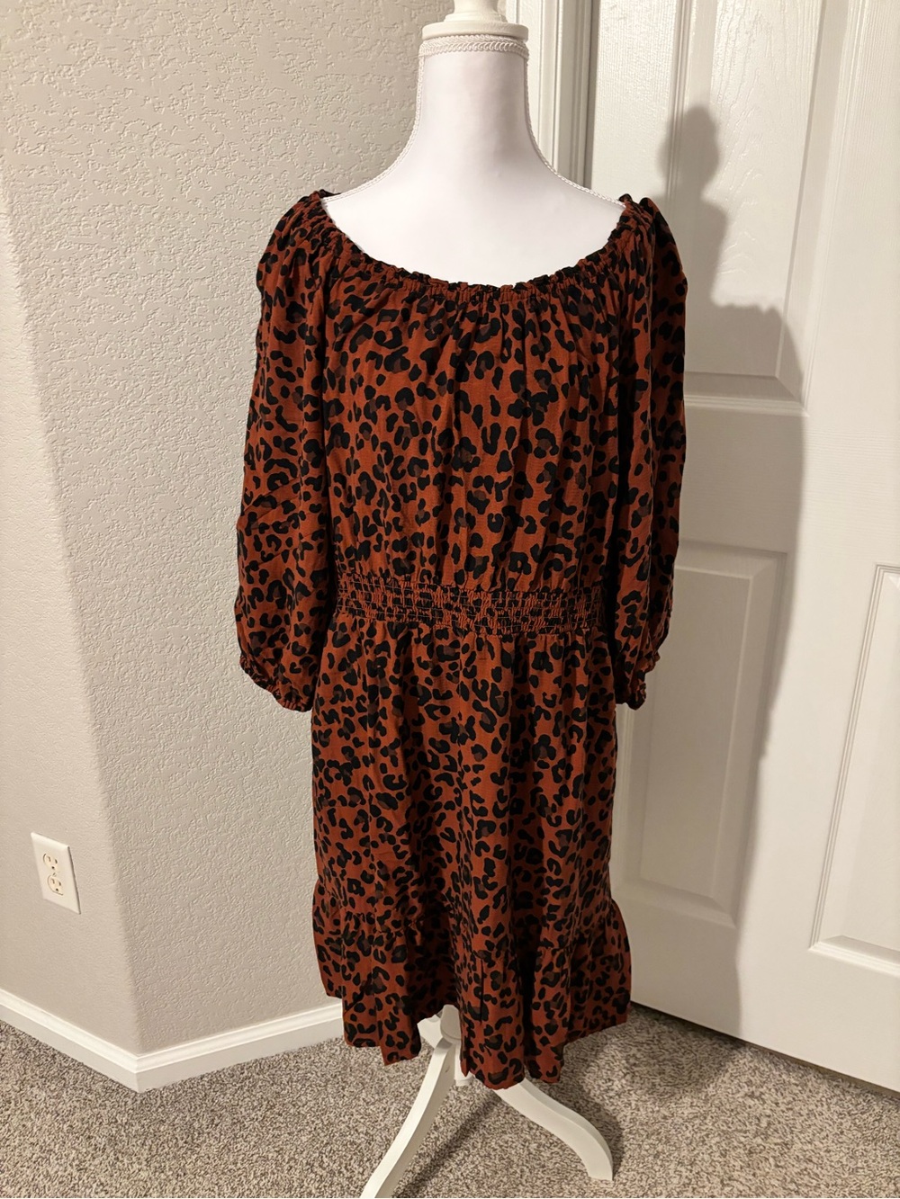 Brown Leopard Print Off-Shoulder Midi Dress